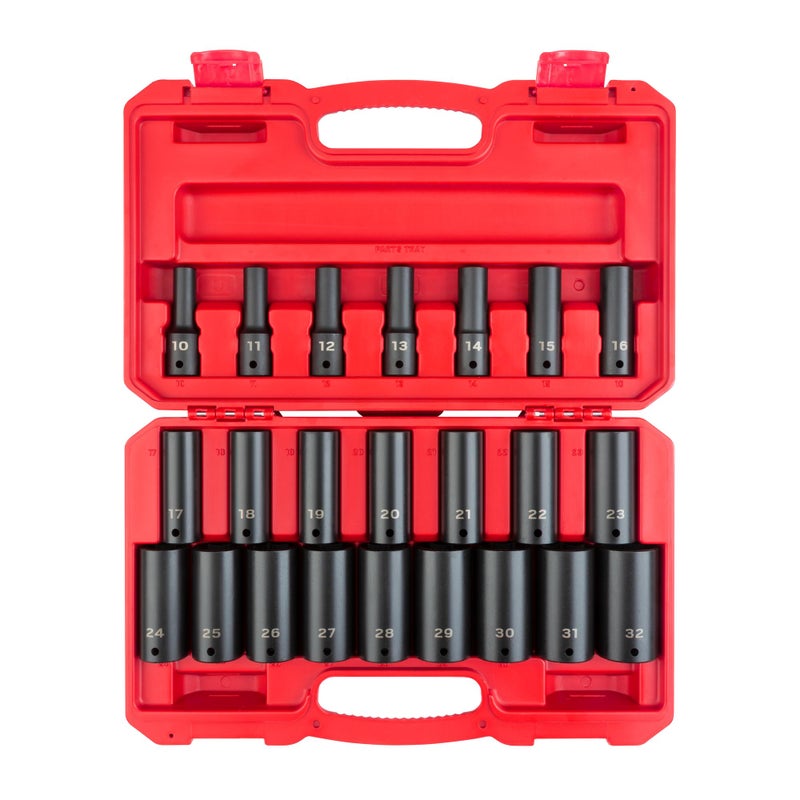 TEKTON 1/2 Inch Drive Deep 6-Point Impact Socket Set with Case, 23-Piece (10-32 mm) | SID92330