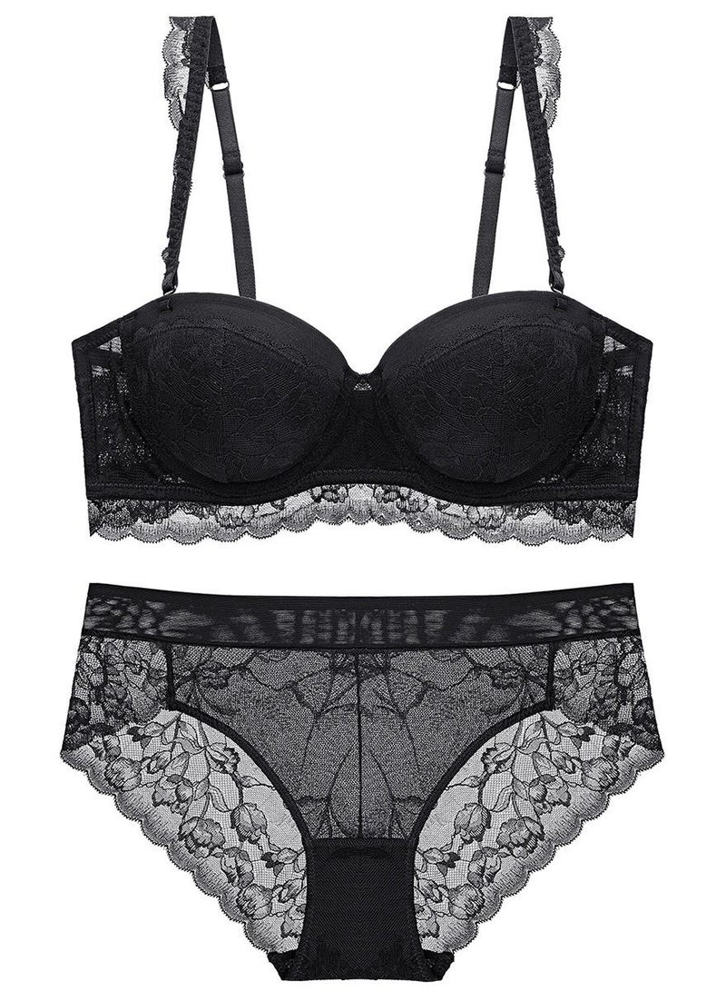 Loquat Comfy 1/2 Cup Lace Bra And Panty Set Black