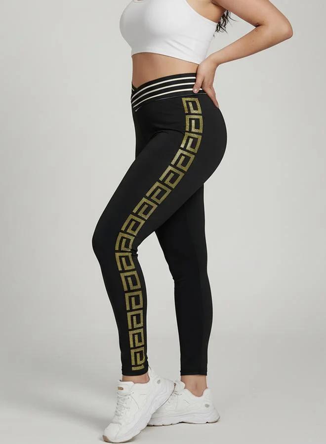 Take Two Plus Size Black High Waist Leggings with Gold Greek Rhinestone Embellishments