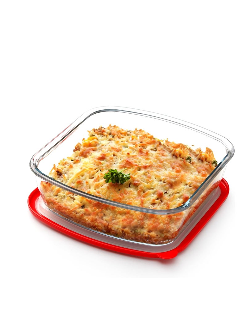 NUTRIUPS 2.7 QT Square Glass Baking Dish with Red Visible Lid, 9x9 Baking Dish with Lid, LARGE and DEEP Baking Dish for Oven - Image 1