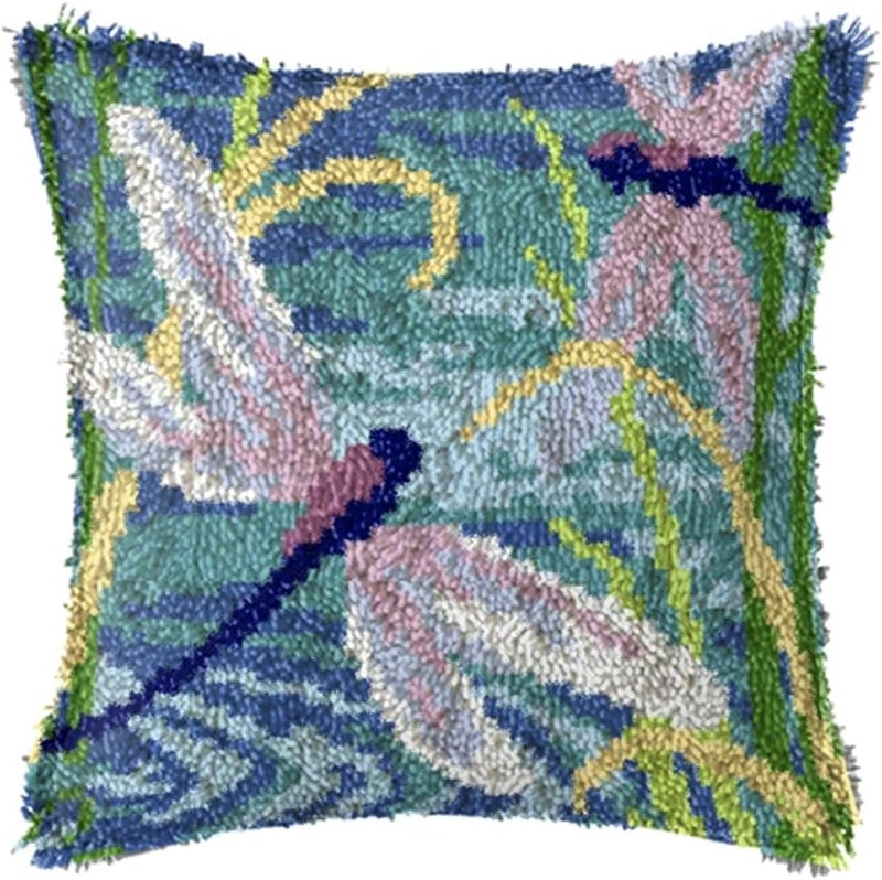 LAPATAIN Latch Hook Kits for DIY Throw Pillow Cover,Two Dragonflies Needlework Cushion Cover Hand Craft Crochet 16.5x16.5inch - Image 1