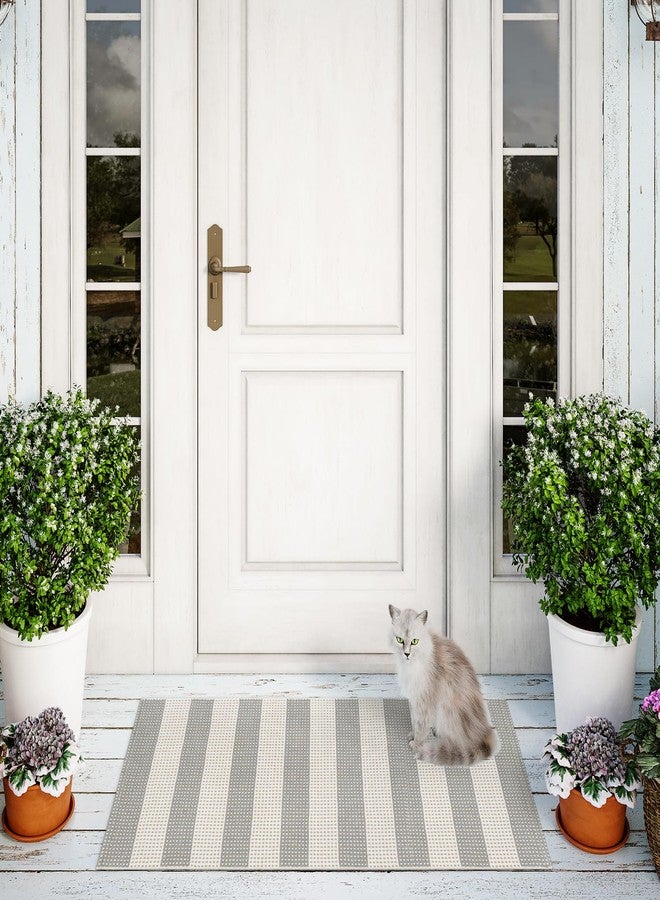 Sungea Grey and White Outdoor Runner Rug 2x4.3,Washable Reversible Fall Welcome Door Mat,Cotton Hand Woven Front Porch Decor,Foldable Layered Doormat Indoor Outdoor Rugs for Entryway/Farmhouse - Image 2