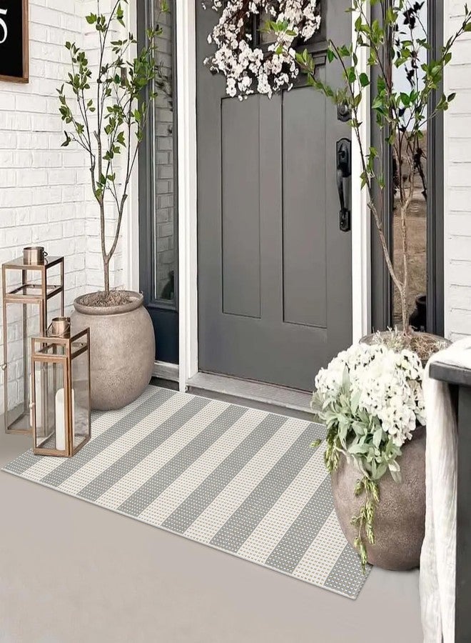 Sungea Grey and White Outdoor Runner Rug 2x4.3,Washable Reversible Fall Welcome Door Mat,Cotton Hand Woven Front Porch Decor,Foldable Layered Doormat Indoor Outdoor Rugs for Entryway/Farmhouse - Image 1