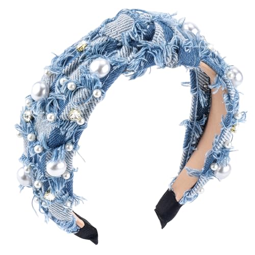 PLwelth Denim Headband Pearl Knotted Hairband for Women Girls Cute Sparkle Diamond Headband Non Slip Embellished Wide Top Knot Hairband for Thin Thick Long Curly Hair Accessories Party Decoration - Image 1