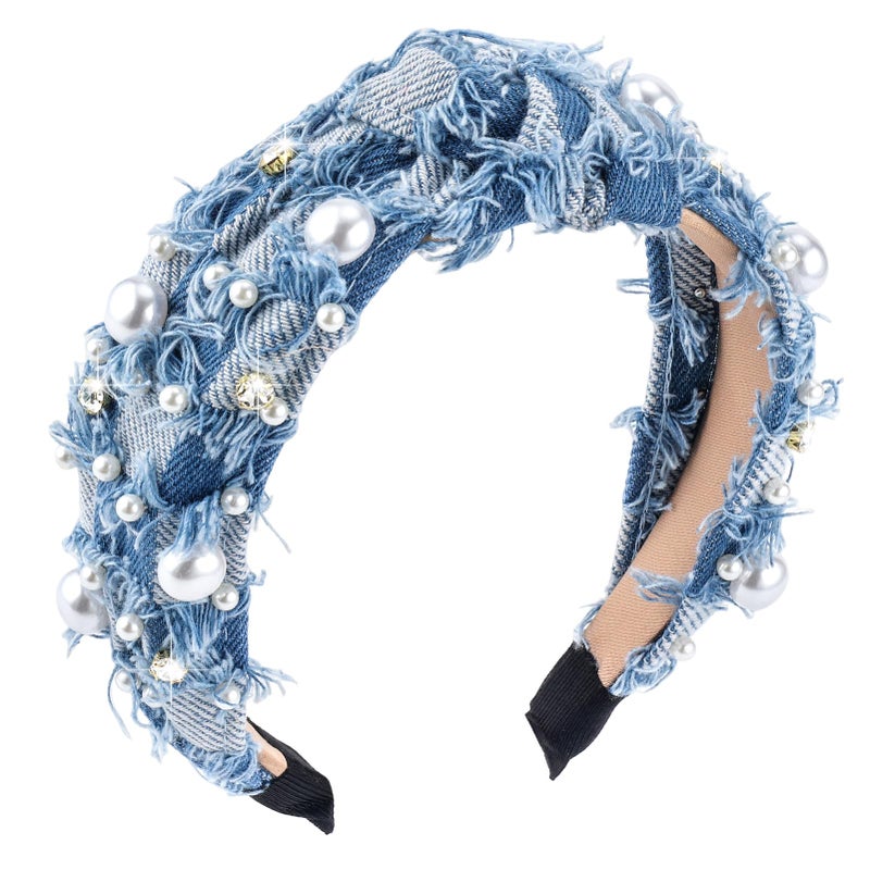 PLwelth Denim Headband Pearl Knotted Hairband for Women Girls Cute Sparkle Diamond Headband Non Slip Embellished Wide Top Knot Hairband for Thin Thick Long Curly Hair Accessories Party Decoration - Image 3