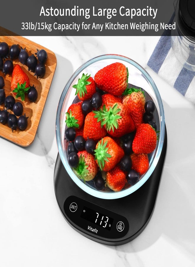 فيتافيت ميزان طعام رقمي فيتافيت 33 رطل/15 كجم بدقة عالية 0.1 أونصة/1 جم، مصنعنا الخاص لموازين المطبخ الاحترافية منذ عام 2001، من أساسيات المنزل والمطبخ للطبخ والخبز، مزود بإضاءة LED، يعمل بثلاث بطاريات AAA، أسود - Image 4
