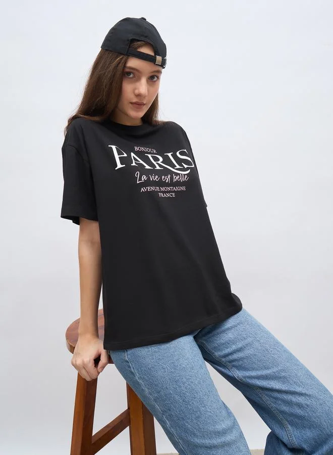 Styli Paris Graphic Print Oversized Longline T-Shirt