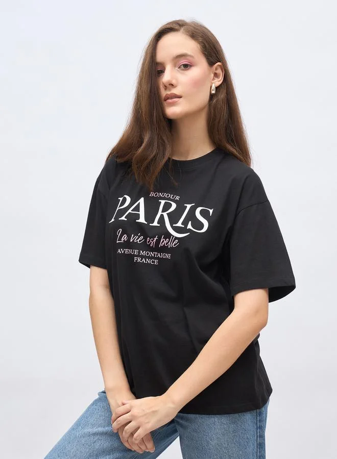 Styli Paris Graphic Print Oversized Longline T-Shirt