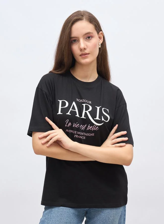 Paris Graphic Print Oversized Longline T-Shirt