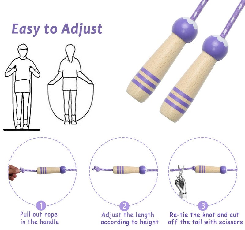 Ace one Jump Rope Kids 8.5Ft Adjustable Cotton Skipping Rope With Wooden Handle For Boys And Girls Fitness Outdoor Exercise (Purple) - Image 2