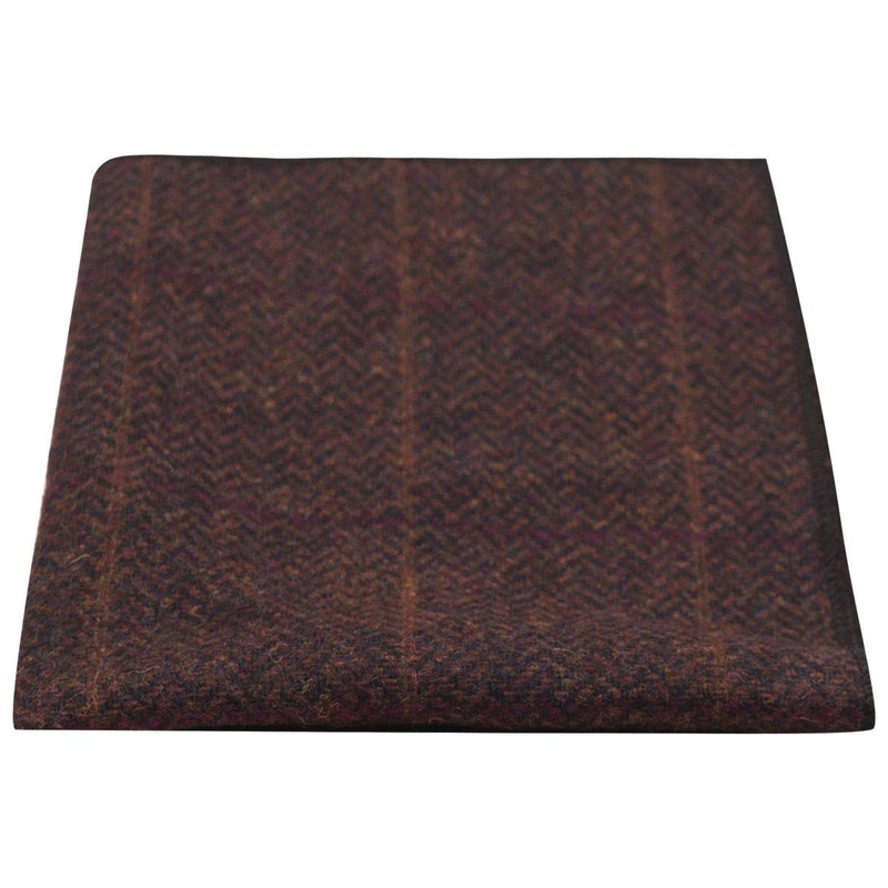 King & Priory Luxury Mahogany Herringbone Check Pocket Square, Handkerchief, Tweed - Image 3