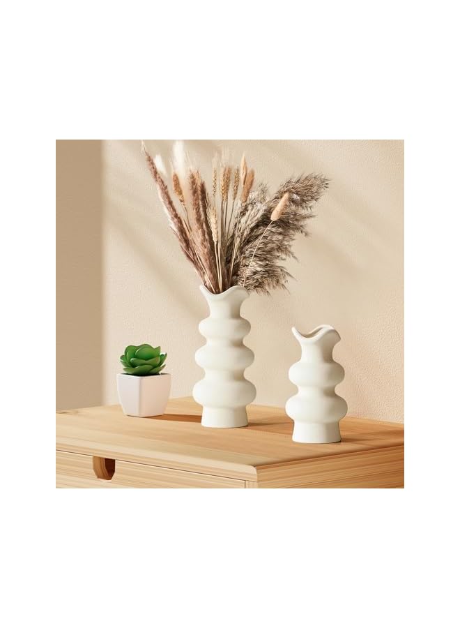 The Bros مجموعة مزهريات سيراميك من 2، مزهريات سيراميك بيضاء حديثة للديكور المنزلي 16 سم و 21.5 سم، مزهرية تجريدية بسيطة لزهور البامبا، مزهرية كريمية جمالية لطاولة العشاء، غرفة المعيشة، الديكور المنزلي - Image 5