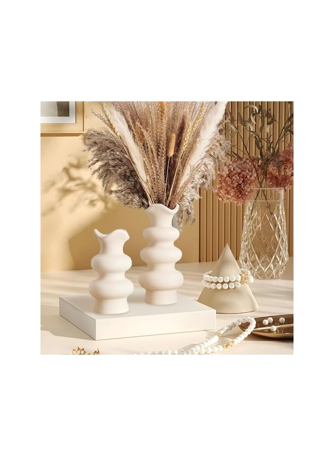 The Bros مجموعة مزهريات سيراميك من 2، مزهريات سيراميك بيضاء حديثة للديكور المنزلي 16 سم و 21.5 سم، مزهرية تجريدية بسيطة لزهور البامبا، مزهرية كريمية جمالية لطاولة العشاء، غرفة المعيشة، الديكور المنزلي - Image 2