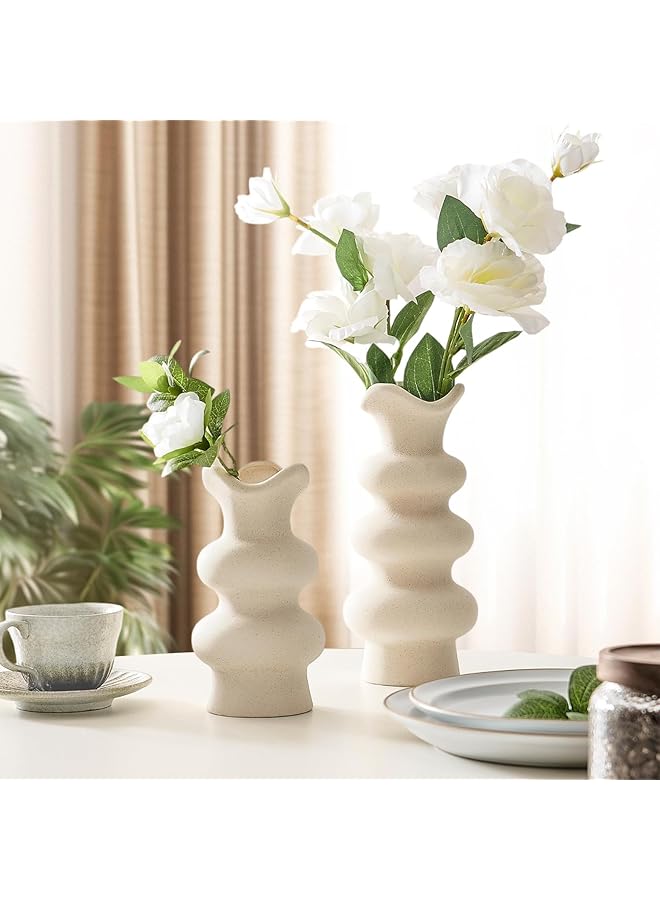 The Bros مجموعة مزهريات سيراميك من 2، مزهريات سيراميك بيضاء حديثة للديكور المنزلي 16 سم و 21.5 سم، مزهرية تجريدية بسيطة لزهور البامبا، مزهرية كريمية جمالية لطاولة العشاء، غرفة المعيشة، الديكور المنزلي - Image 1