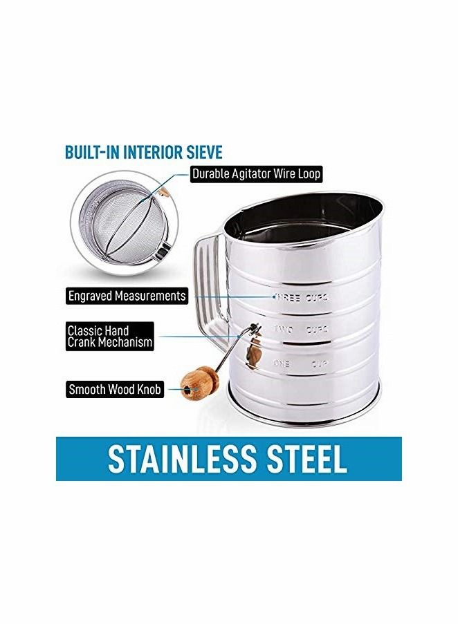 KASTWAVE Stainless Steel 3 Cup Flour Sifter, Fine Mesh Rotary Hand Crank Flour Sifter - Image 2