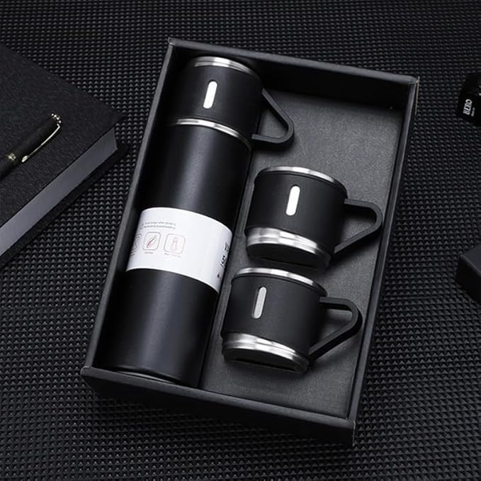 RIGJAK RIGJAK 500ml Stainless Steel Vacuum Flask Set with 2 Cups Double Wall Insulated Thermos Bottle for Hot Cold Drinks Ideal for Travel Office Corporate Gifting and Special Occasions Black 