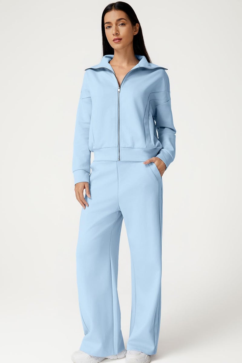 QINSEN Women's 2 Piece Outfits Long Sleeve Zip Up Lapel Sweatshirt Wide Leg Pants with Pockets Matching Sets Sky Blue S - Image 2