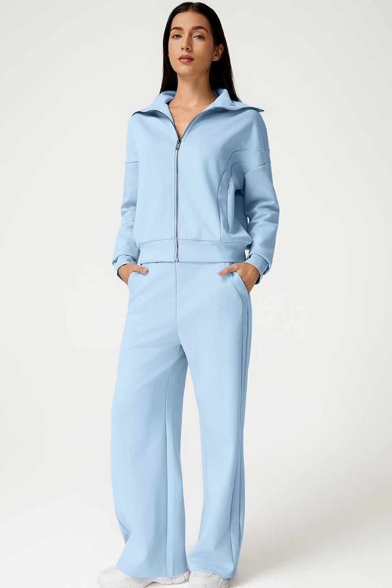 QINSEN Women's 2 Piece Outfits Long Sleeve Zip Up Lapel Sweatshirt Wide Leg Pants with Pockets Matching Sets Sky Blue S - Image 4