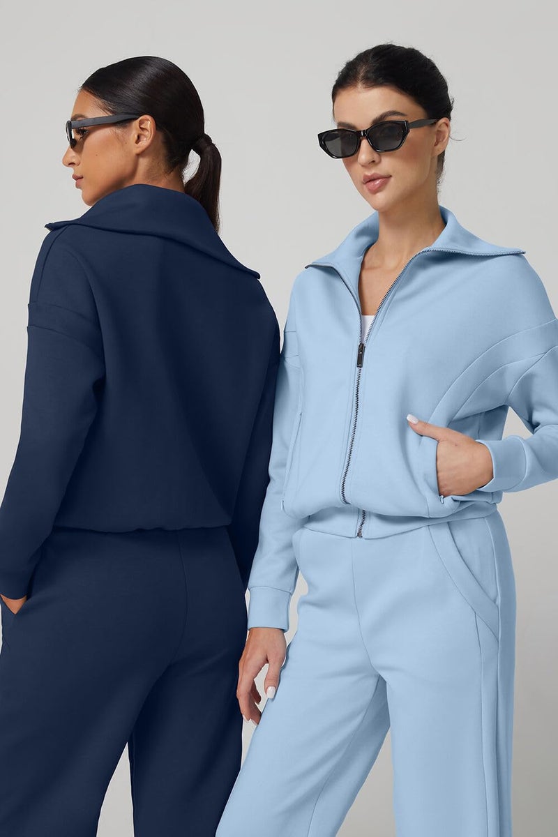 QINSEN Women's 2 Piece Outfits Long Sleeve Zip Up Lapel Sweatshirt Wide Leg Pants with Pockets Matching Sets Sky Blue S - Image 5