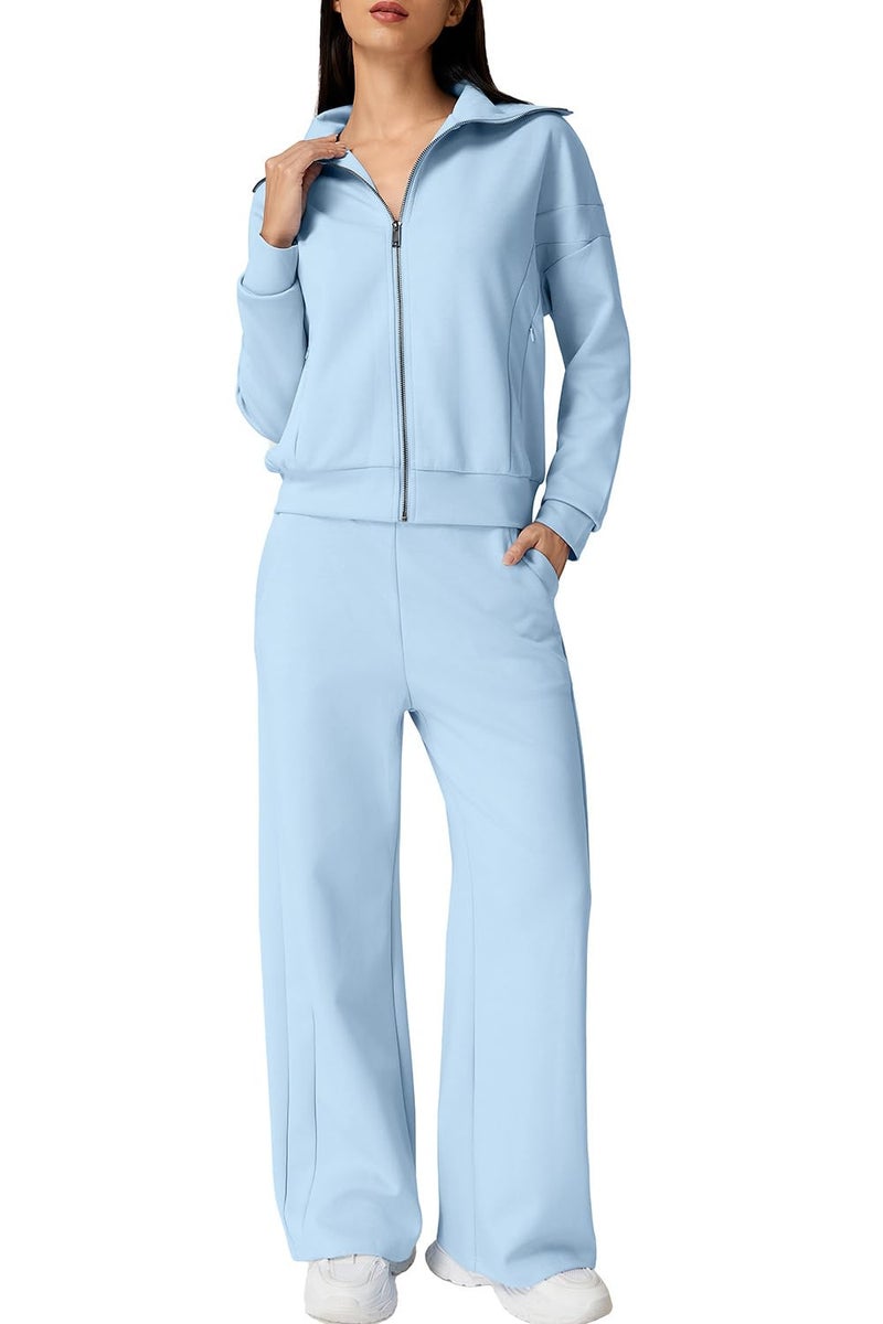 QINSEN Women's 2 Piece Outfits Long Sleeve Zip Up Lapel Sweatshirt Wide Leg Pants with Pockets Matching Sets Sky Blue S - Image 1