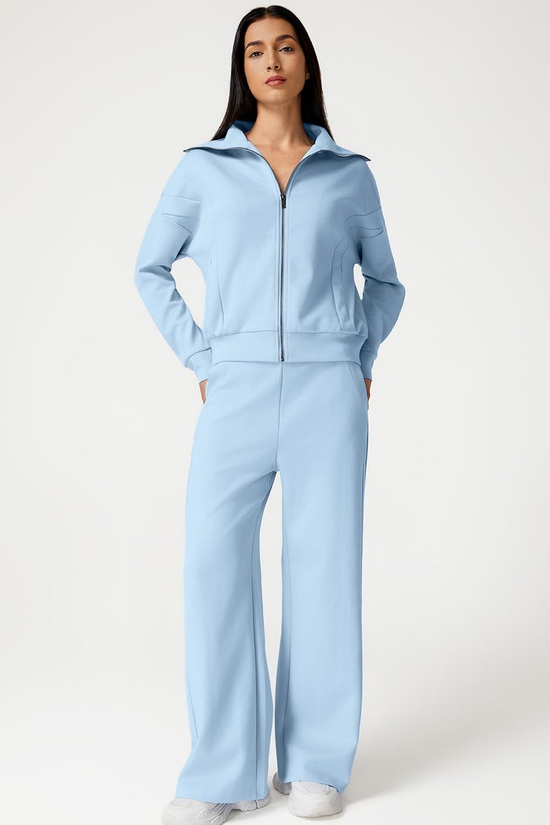 QINSEN Women's 2 Piece Outfits Long Sleeve Zip Up Lapel Sweatshirt Wide Leg Pants with Pockets Matching Sets Sky Blue S - Image 3
