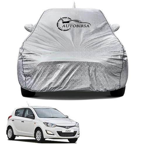 AUTOBIRSA Waterproof Car Body Cover for Hyundai I20 with Mirror and Antenna Pocket and Soft Cotton Lining (4 Side Elastic Triple Stitched & Metallic Silver with Black Piping Style) - Image 1