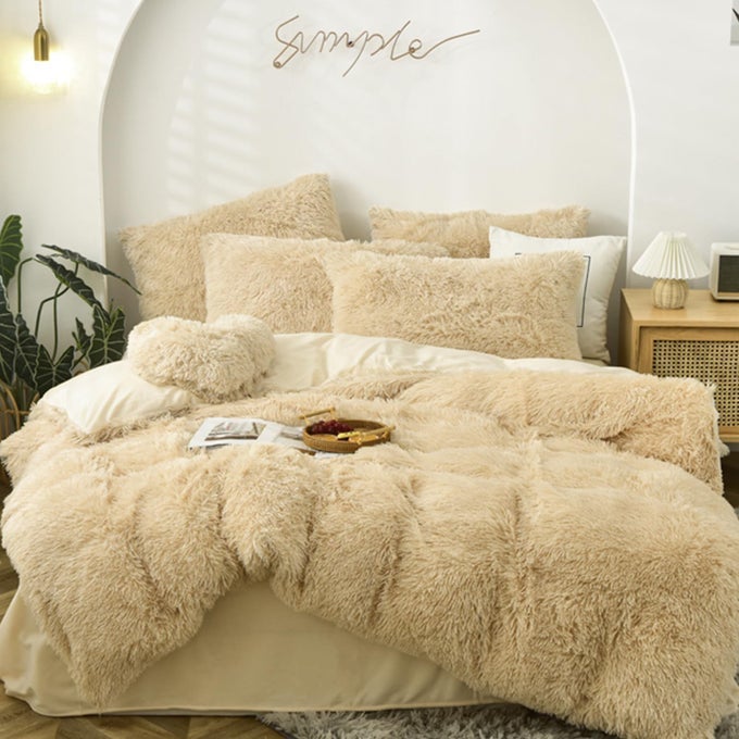 5 PCS SHAGGY DUVET COVER BEDDING SET FLUFFY COMFORTER COVER LONG FAUX FUR LUXURY ULTRA SOFT COZY KHAKI KINGCALIFORNIA KING