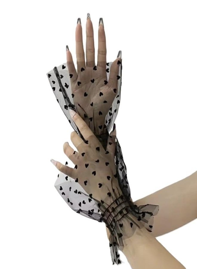 Alexvyan Black Women Short Lace Net Gloves Hand Cuff Sunblock Fingerless Bridal Wrist Heart Glove Opera Evening Party Wedding Tea Party Prom Cosplay Sleeve for Ladies and Girls - Image 2
