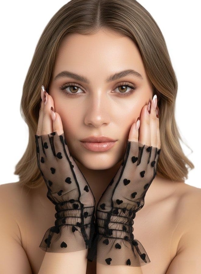 Alexvyan Black Women Short Lace Net Gloves Hand Cuff Sunblock Fingerless Bridal Wrist Heart Glove Opera Evening Party Wedding Tea Party Prom Cosplay Sleeve for Ladies and Girls - Image 1