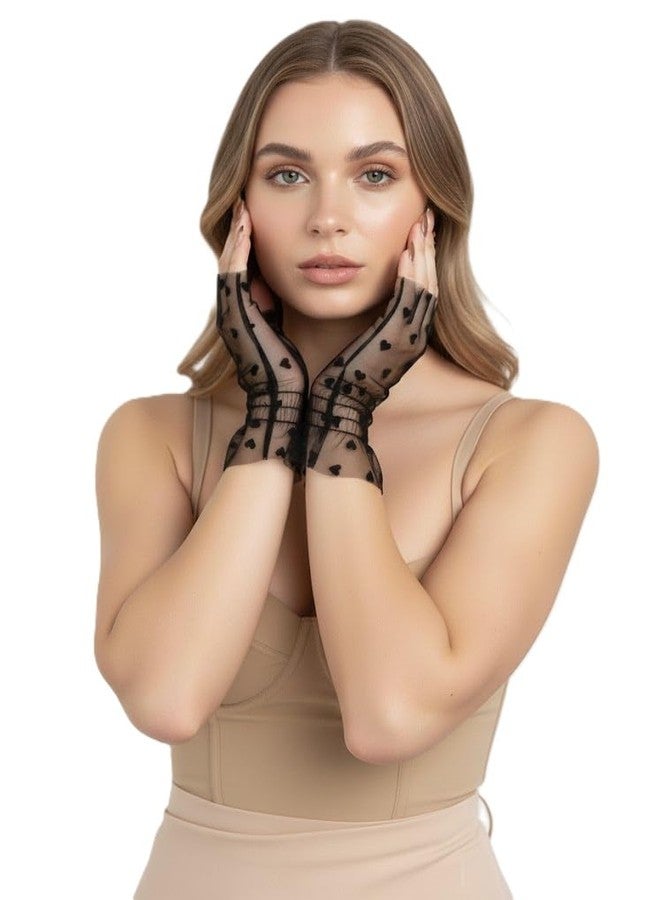 Alexvyan Black Women Short Lace Net Gloves Hand Cuff Sunblock Fingerless Bridal Wrist Heart Glove Opera Evening Party Wedding Tea Party Prom Cosplay Sleeve for Ladies and Girls - Image 4