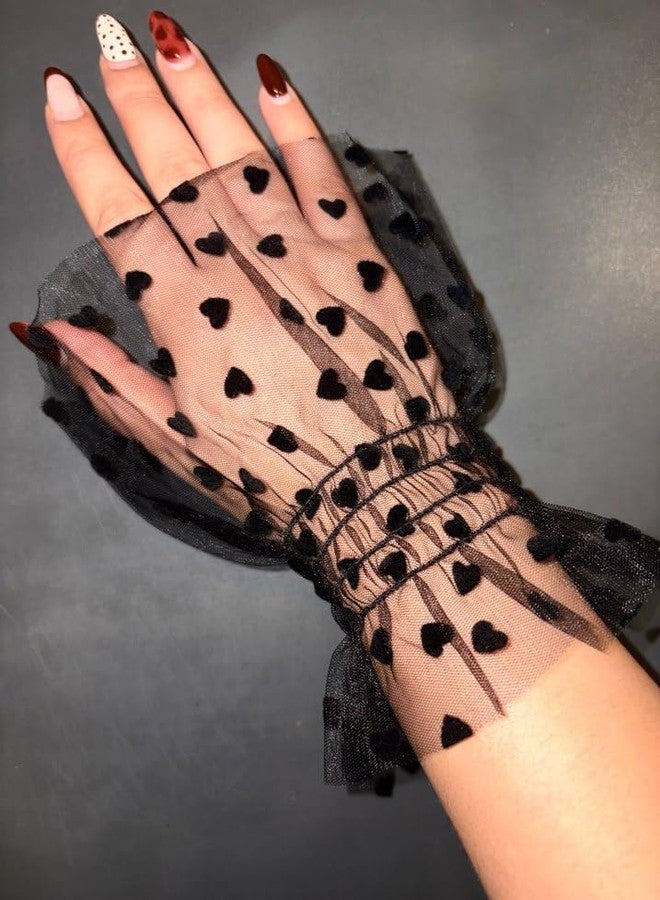 Alexvyan Black Women Short Lace Net Gloves Hand Cuff Sunblock Fingerless Bridal Wrist Heart Glove Opera Evening Party Wedding Tea Party Prom Cosplay Sleeve for Ladies and Girls - Image 3