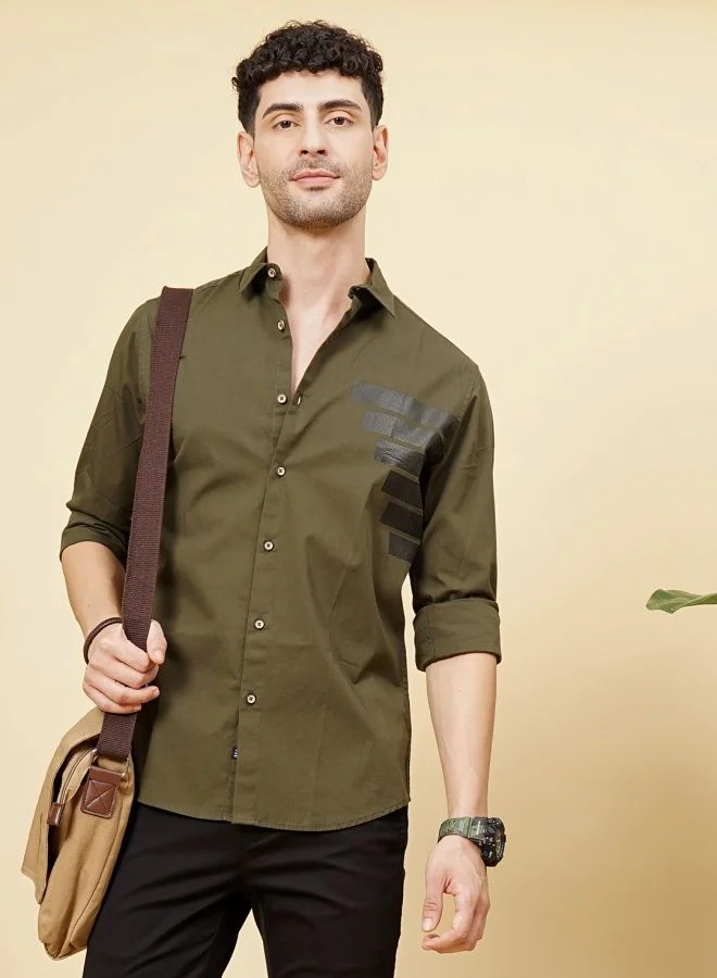The Indian Garage Co Men Slim Fit Placement Print Full Sleeves Cutaway Collar Casual Shirt