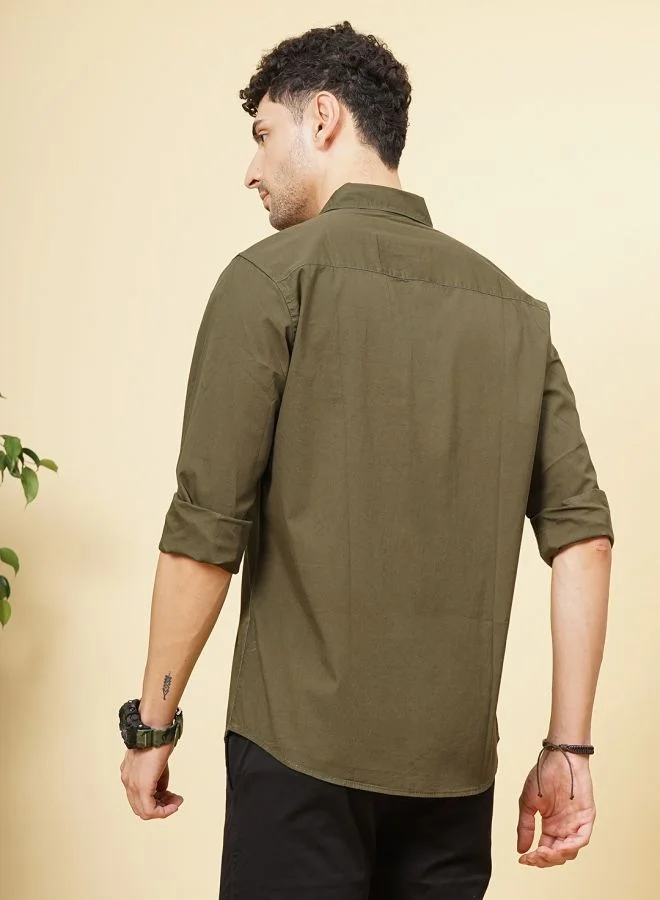 The Indian Garage Co Men Slim Fit Placement Print Full Sleeves Cutaway Collar Casual Shirt