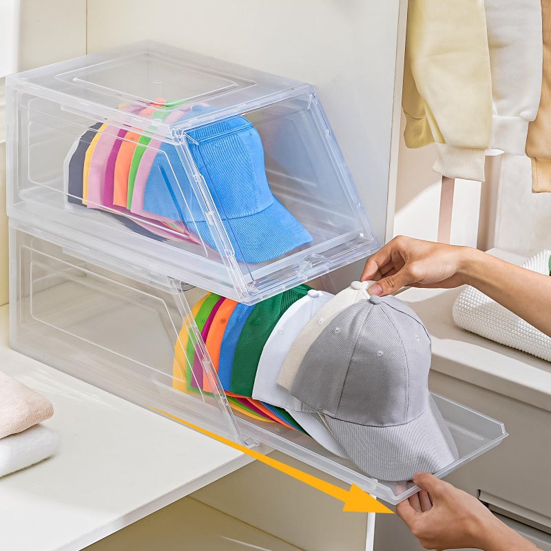 Amllas 2 Pack Stackable Hat Organizer for Baseball Caps Large Clear Hat Holder with Sliding Drawer Hat Storage Box with Door Baseball Cap Organizer - Image 2