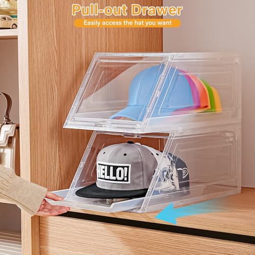Amllas 2 Pack Stackable Hat Organizer for Baseball Caps Large Clear Hat Holder with Sliding Drawer Hat Storage Box with Door Baseball Cap Organizer - Image 3