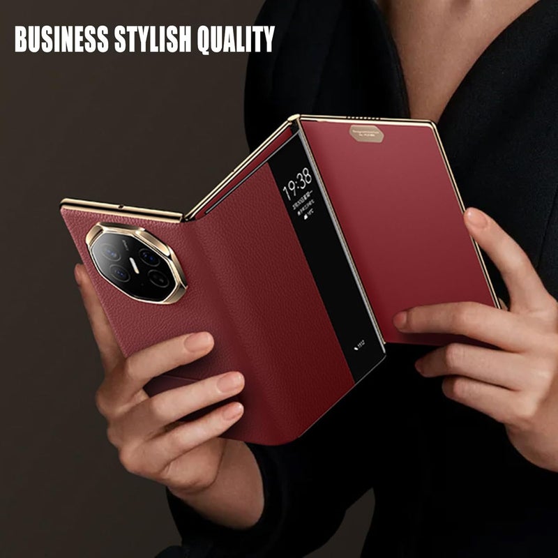 Azonee Genuine Leather Case for Huawei Mate XT, Luxury Plating Flip View Cover with Kickstand, Slim Side Window Design, business case for Huawei Mate XT - Red - Image 5
