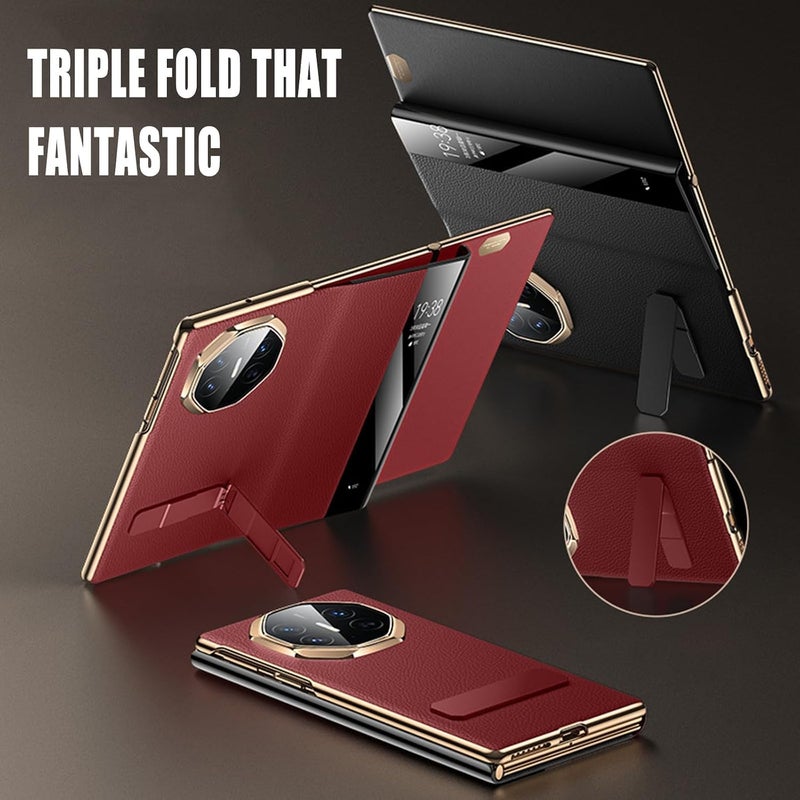 Azonee Genuine Leather Case for Huawei Mate XT, Luxury Plating Flip View Cover with Kickstand, Slim Side Window Design, business case for Huawei Mate XT - Red - Image 2