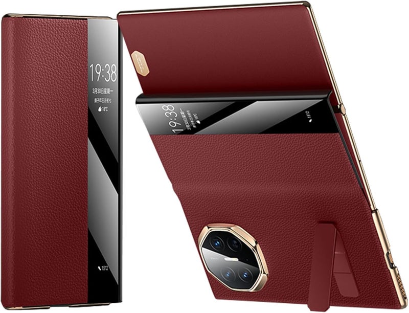 Azonee Genuine Leather Case for Huawei Mate XT, Luxury Plating Flip View Cover with Kickstand, Slim Side Window Design, business case for Huawei Mate XT - Red - Image 1