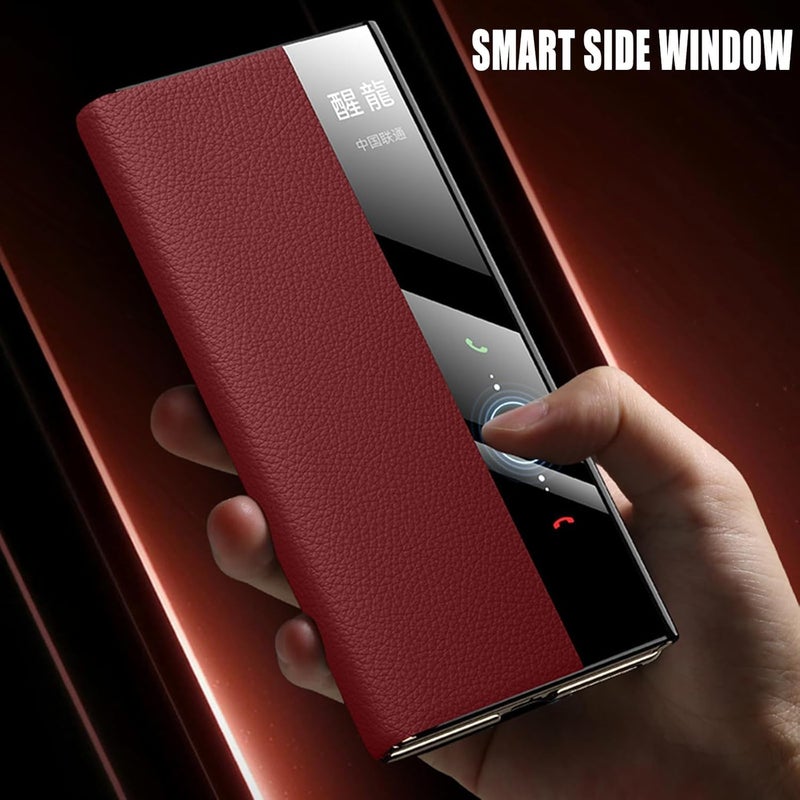 Azonee Genuine Leather Case for Huawei Mate XT, Luxury Plating Flip View Cover with Kickstand, Slim Side Window Design, business case for Huawei Mate XT - Red - Image 4