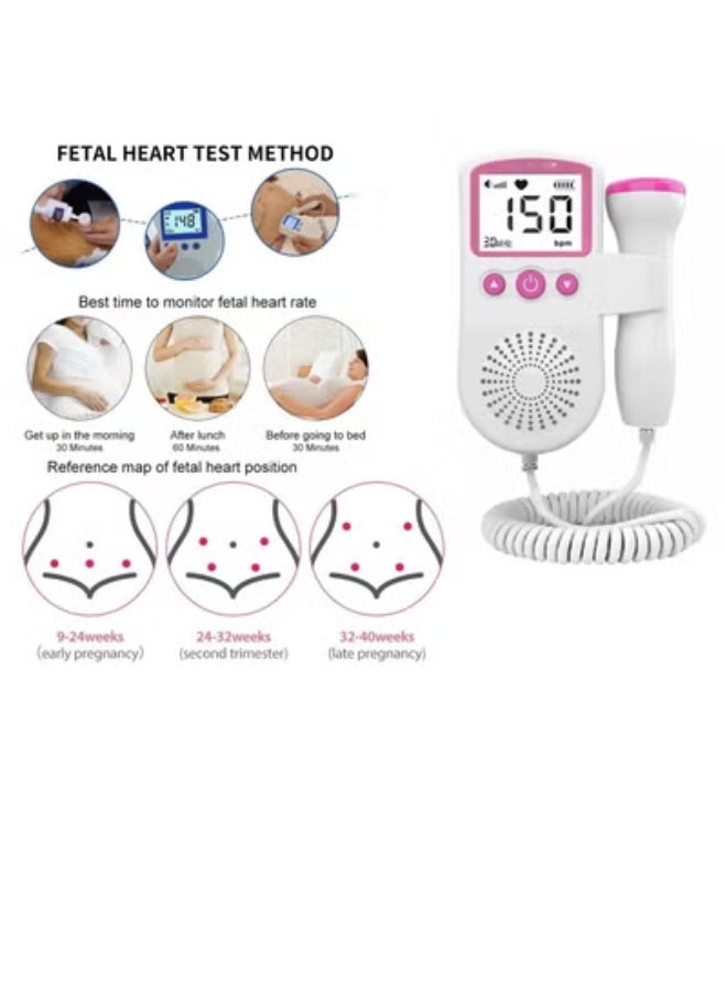 ارواق جهاز مراقبة معدل ضربات قلب الجنين دوبلر للمنزل والعيادة مع شحن USB ومكبر صوت مدمج (أبيض ووردي) - Image 2