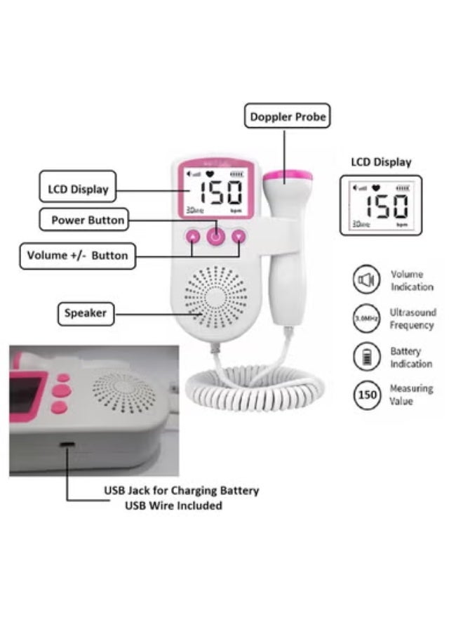 ارواق جهاز مراقبة معدل ضربات قلب الجنين دوبلر للمنزل والعيادة مع شحن USB ومكبر صوت مدمج (أبيض ووردي) - Image 3
