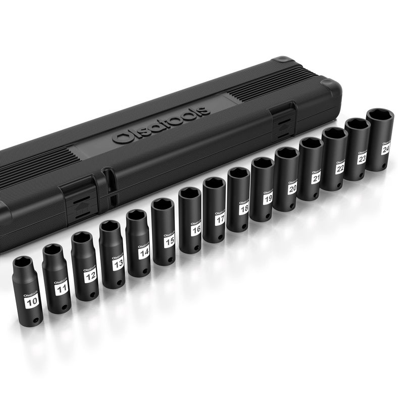 Olsa Tools 12Inch Drive Deep Impact Socket Set 15pc Metric CrMo 6Point 10mm to 24mm High Contrast Markings Chrome Molybdenum Premium Storage Case Part 1277