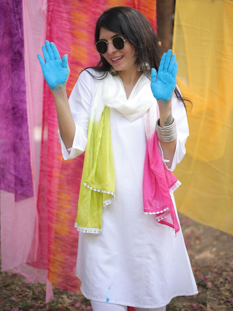 EthnicJunction Women's Rayon Holi Special Embroidery A-line Kurta Pant With Tie & Dye Dupatta Set - Image 4