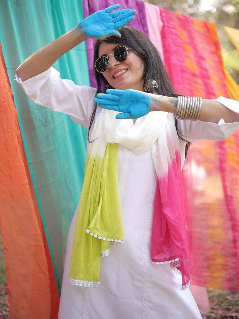 EthnicJunction Women's Rayon Holi Special Embroidery A-line Kurta Pant With Tie & Dye Dupatta Set - Image 3