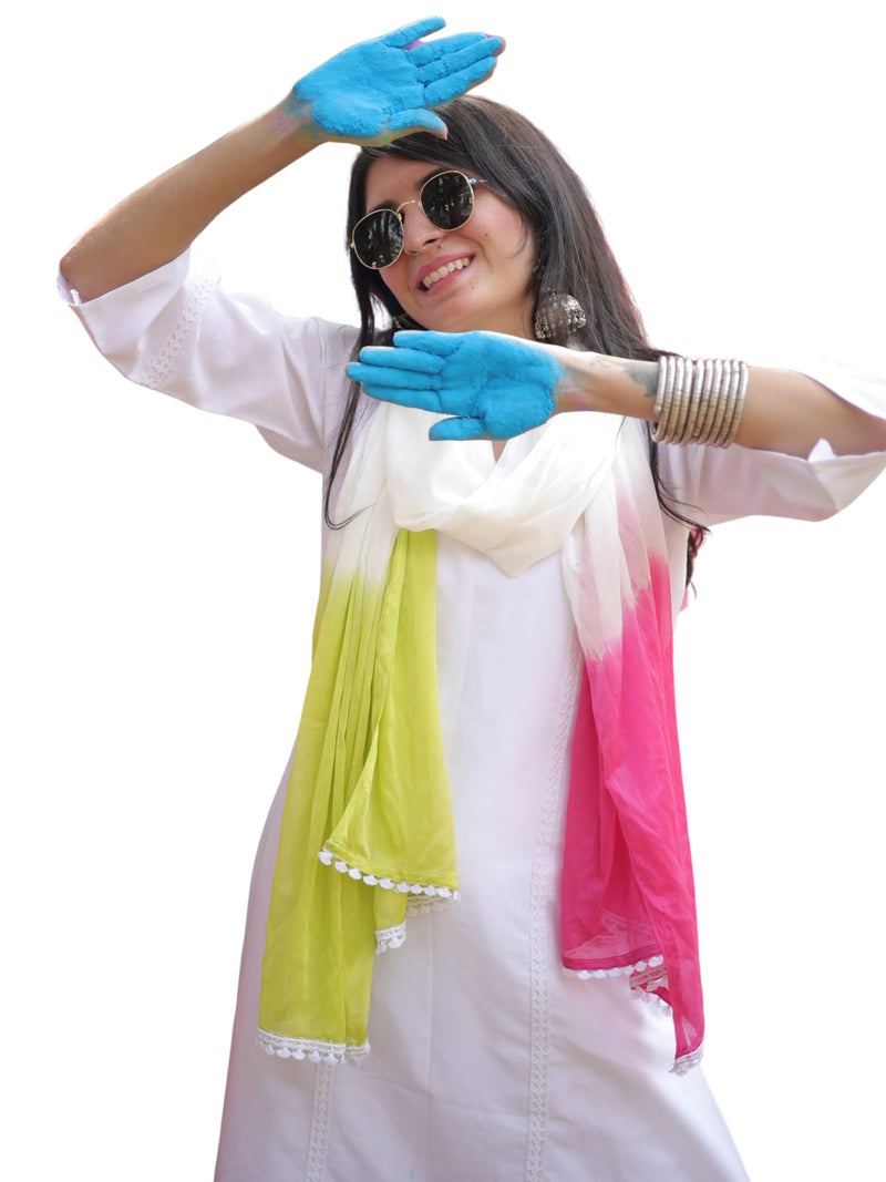 EthnicJunction Women's Rayon Holi Special Embroidery A-line Kurta Pant With Tie & Dye Dupatta Set - Image 1