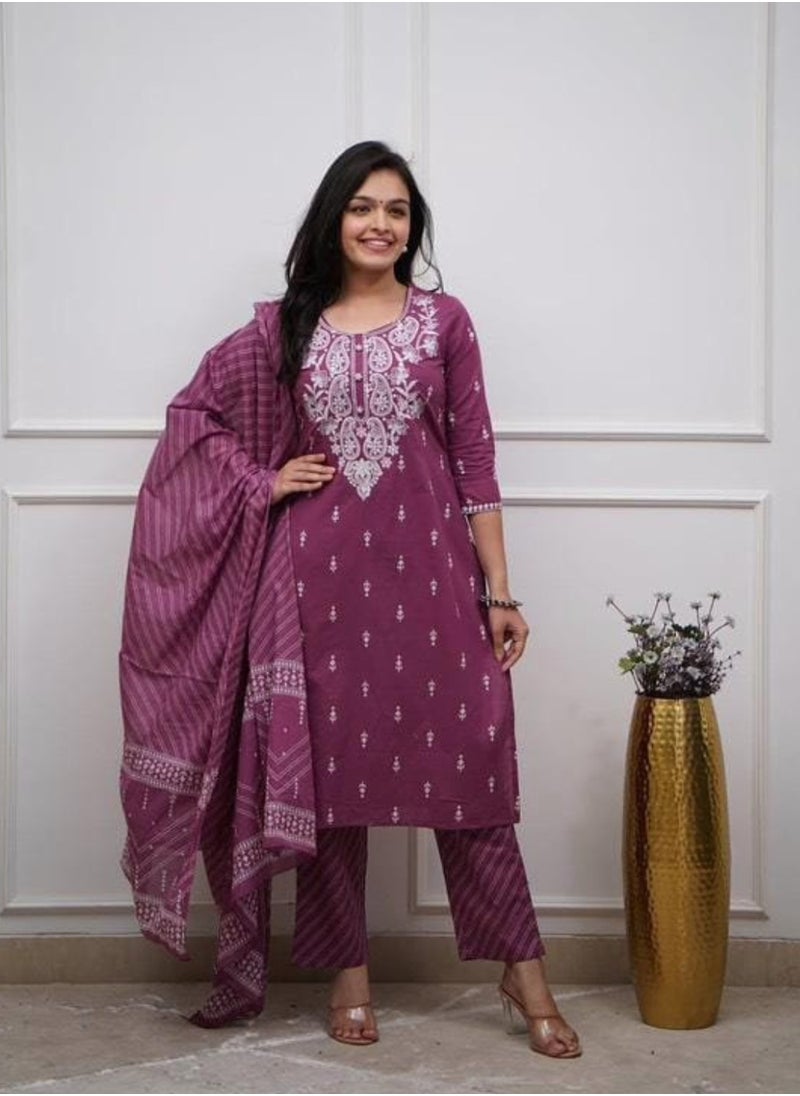 IndHeritage Chikankari purple colour, cotton 3 piece kurti set - IDH00214  - Image 1