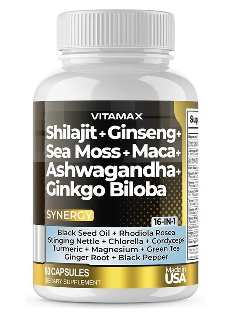 Vitamax Pure Himalayan Shilajit Supplement 10,000mg Ashwagandha 6,000mg Sea Moss 2,000mg Rhodiola Rosea 1000MG Gingko Biloba 500mg Trace Mineral Capsules - Men and Women – Made in USA (60 Count (Pack of 1)) - Image 1