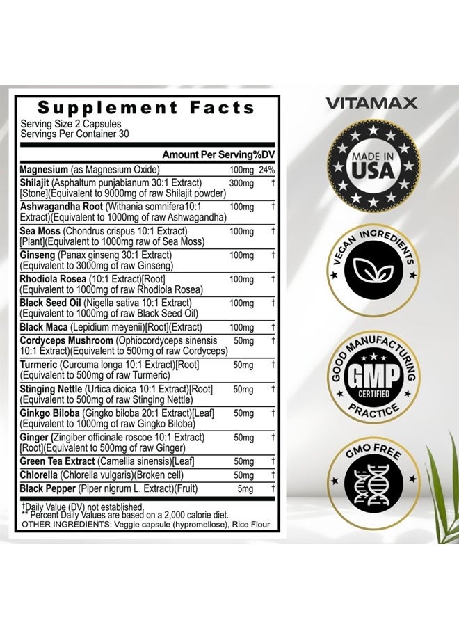 Vitamax - Pure Himalayan Shilajit Supplement 10,000mg Ashwagandha 6,000mg Sea Moss 2,000mg Rhodiola Rosea 1000MG Gingko Biloba 500mg Trace Mineral Capsules - Men and Women – Made in USA (60 Count (Pack of 1)) - Image 1