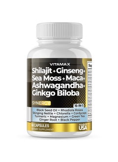Pure Himalayan Shilajit Supplement 10,000mg Ashwagandha 6,000mg Sea Moss 2,000mg Rhodiola Rosea 1000MG Gingko Biloba 500mg Trace Mineral Capsules - Men and Women – Made in USA (60 Count (Pack of 1))