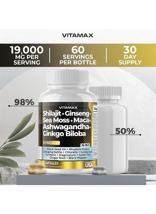 Vitamax - Pure Himalayan Shilajit Supplement 10,000mg Ashwagandha 6,000mg Sea Moss 2,000mg Rhodiola Rosea 1000MG Gingko Biloba 500mg Trace Mineral Capsules - Men and Women – Made in USA (60 Count (Pack of 1)) - Image 1